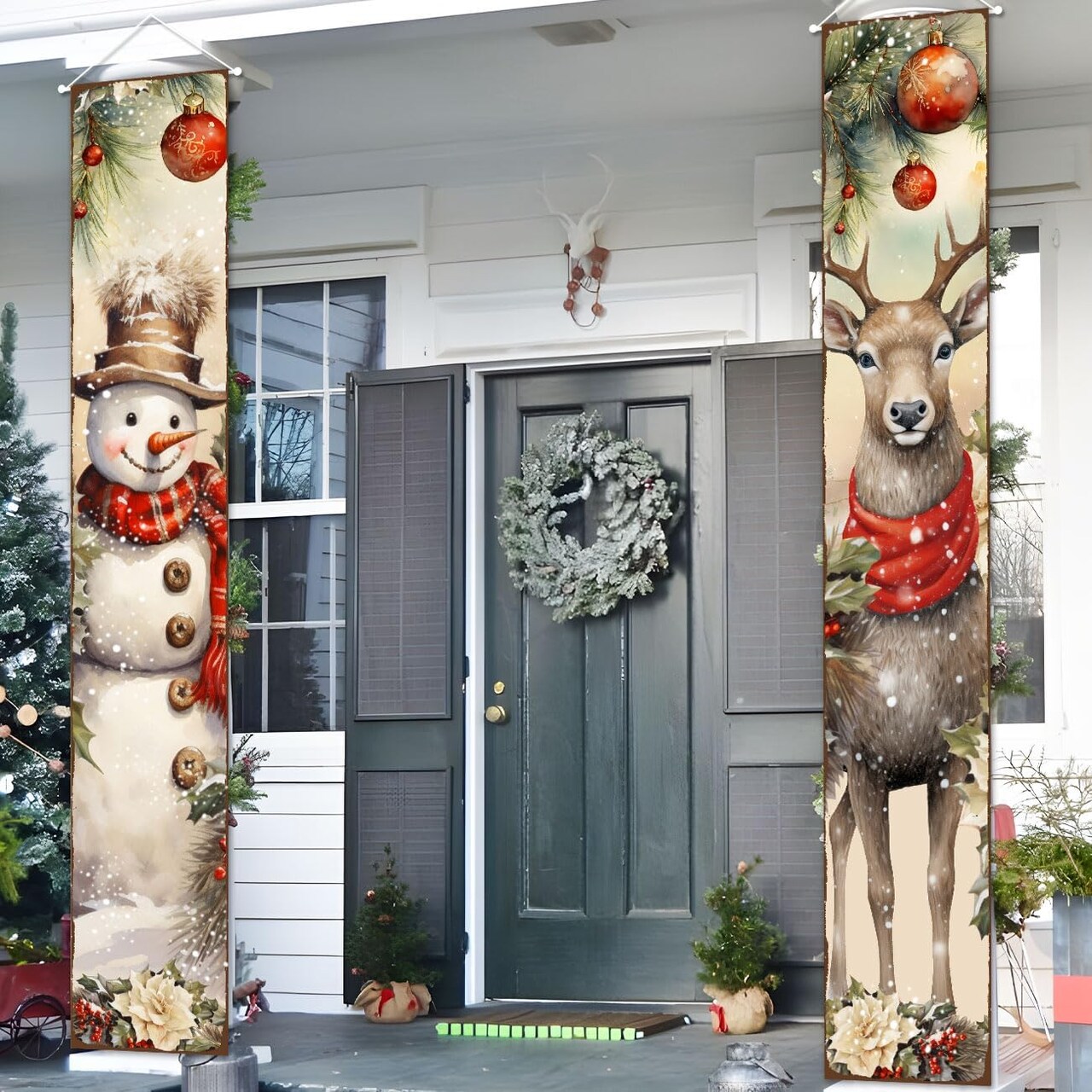 Christmas Porch Sign Banner - Snowman & Deer Decoration - 71"L x 12"W
